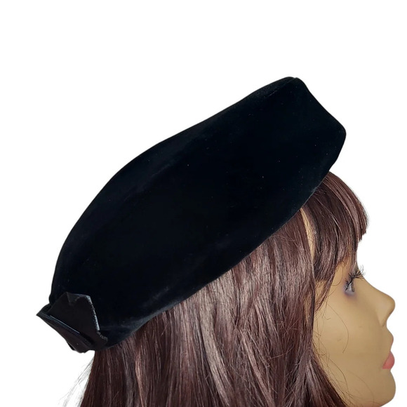 Vintage Black Velvet Union Made Back Bow Pillbox Hat - Picture 9 of 14